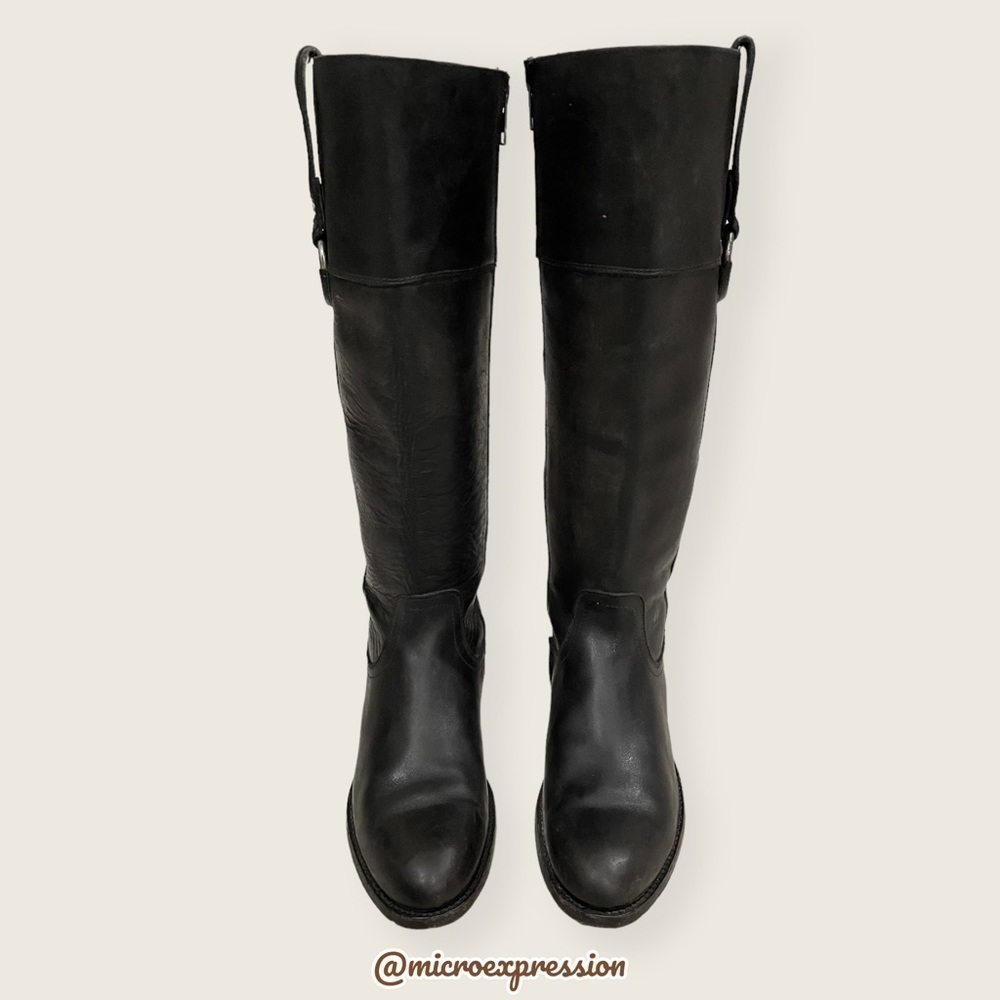 $389 Frye Jamie Ring Tall Distressed Stone Black Leather Knee High Zip Up Boot - Picture 9 of 15